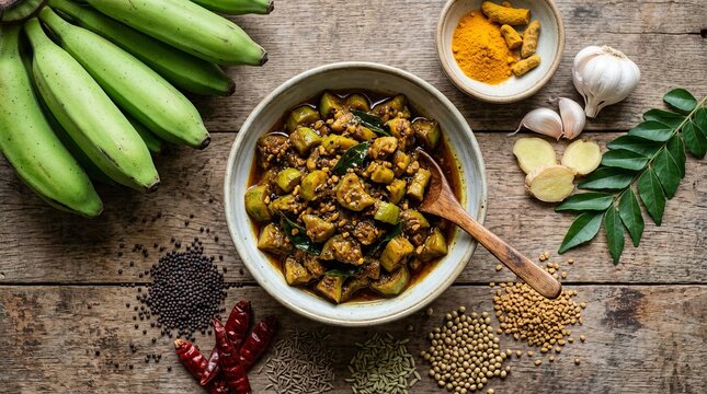 Flavorful homemade curry dish with fresh ingredients and spices arranged on a rustic wooden table.