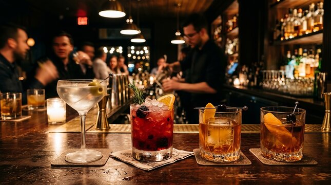 Craft cocktails served at a lively bar with blurred patrons enjoying the evening