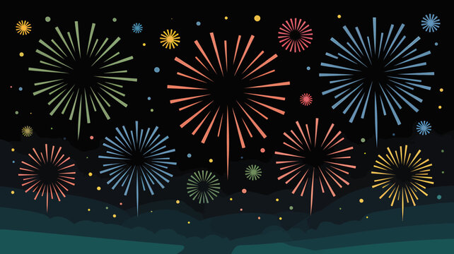 Colorful fireworks exploding in the night sky with vibrant streaks and dots everywhere outside