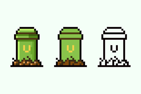 A collection of three pixel art icons depicting a green compost bin on a mound of soil. Featuring a shaded retro version, a flat color design, and a minimalist black outline. 