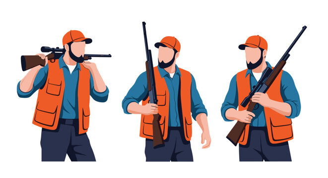 Three hunters wearing bright orange safety vests and caps hold their rifles in various poses against a white background.
