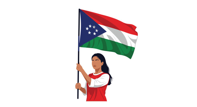 Young woman proudly holds a flag with red white and green stripes and a blue canton with stars on a white background.