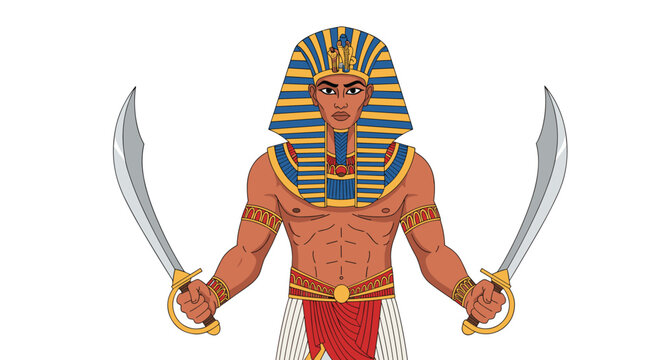 Ancient Egyptian pharaoh wearing a traditional nemes headdress holds two curved swords in a powerful and regal pose.