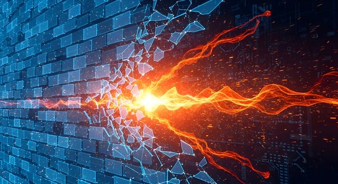 Explosive Energy Breakthrough Shattering Digital Blue Brick Wall, Abstract Technology Concept