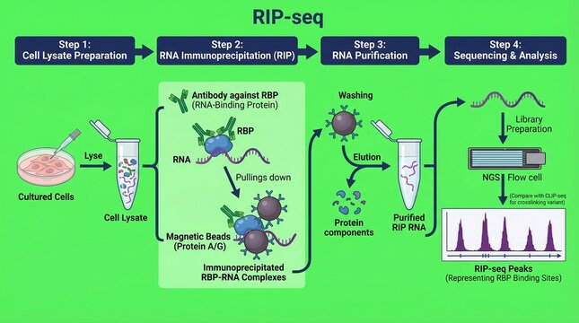A scientific illustration of the RIP-seq process for RNA immunoprecipitation sequencing analysis in a laboratory setting.