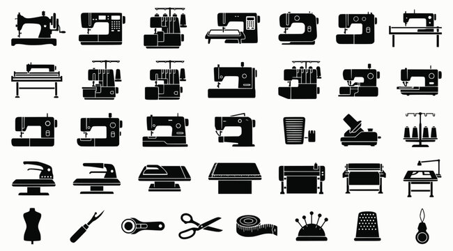 Sewing Machine Icons. Outline icon set of sewing machines: mechanical sewing machine, computerized sewing machine, serger, embroidery machine, portable sewing