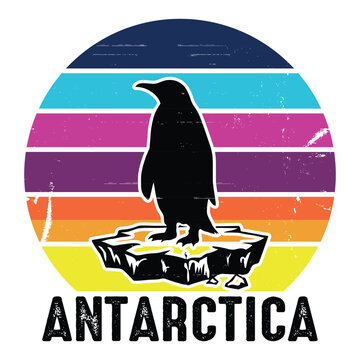 Antarctica Penguin - Silhouette standing on ice floe with retro sunset sky