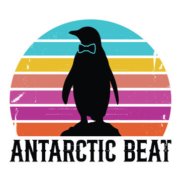 Antarctic Beat - Penguin silhouette with bow tie and retro sunset vintage style