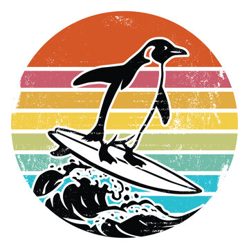 Surfing Penguin - Retro sunset surf vintage style distressed penguin silhouette on surfboard ocean wave graphic