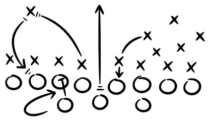 Football play diagram with player positions arrows and tactical formation sketch illustration © UmmeFarhatunnesa