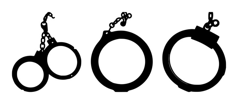 Handcuffs set with black silhouette on white background featuring law enforcement, prison, security with metal and restraint