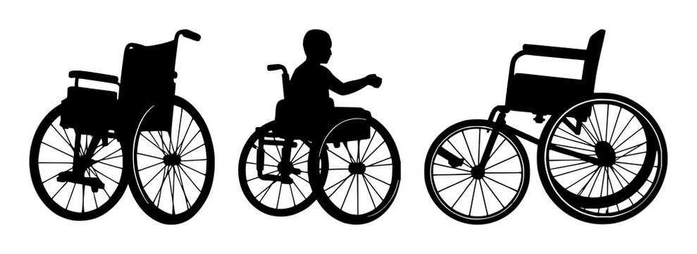 Wheelchair set with black silhouette against white background featuring accessibility, disability, mobility with iconography and design