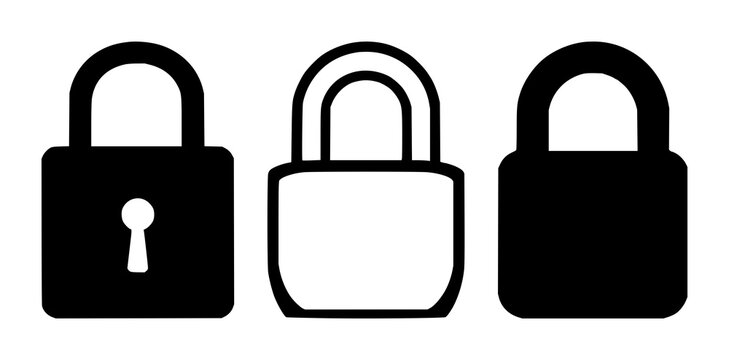 Data encryption padlock set with solid black icon on white background featuring padlock symbol, encryption, data protection with minimalism and vector
