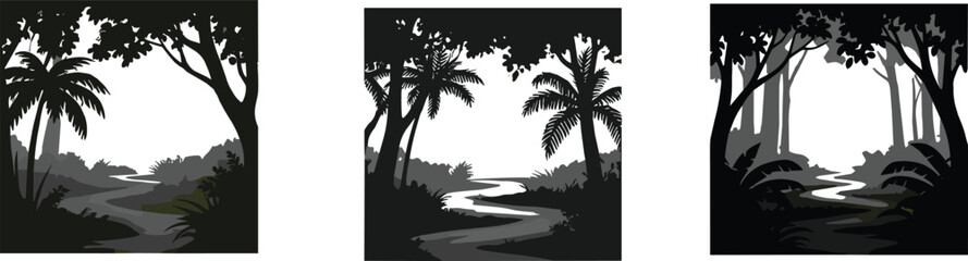 Fototapeta premium Jungle forest pathway, palm trees, canopy silhouettes, tropical landscape, grayscale foliage, atmospheric depth, black vector outline, cad drawing flat vector illustration