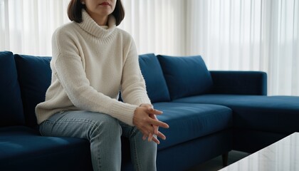 Obraz premium A mature woman sits on a plush modern sofa in a spacious, light filled living room, reflecting a quiet and contemplative atmosphere at home