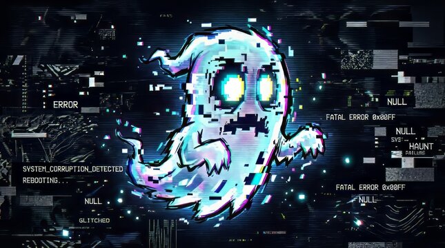 Pixelated ghost with glowing eyes appears amidst digital glitch and code errors
