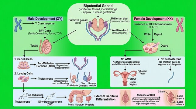 A detailed infographic illustrating the biological process of sex determination and gonad development in humans