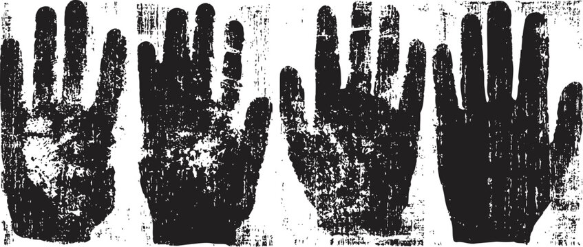 four black and white handprints with rough textured patterns on a white background