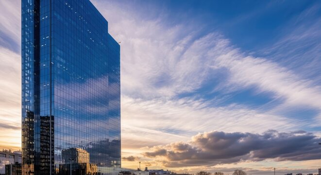 Modern skyscraper reflecting sky against a dramatic cloudscape during sunset