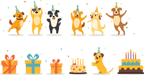 Fototapeta premium Happy dogs celebrating with party hats and cakes during a festive occasion
