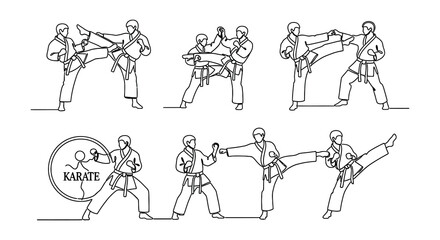 Continuous line drawing of martial arts equipment and practicing figures © Begum