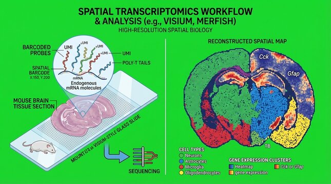 A detailed illustration of the spatial transcriptomics workflow and analysis process in high-resolution spatial biology