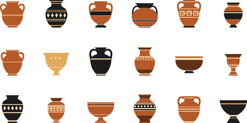 Collection of ancient Greek pottery designs with decorative patterns on a white background © tofajjol studio
