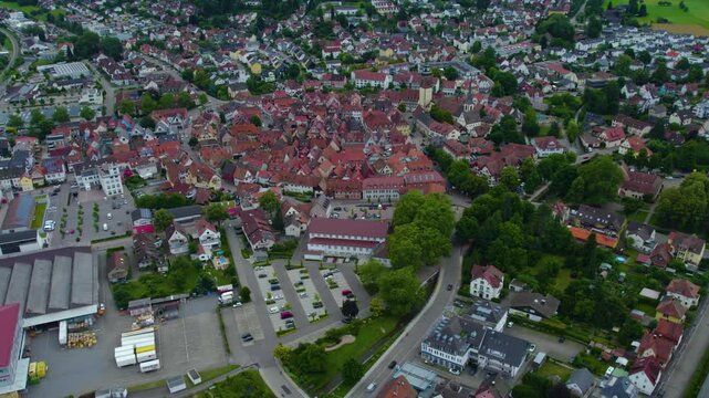 Aerial view around the city Haslach im Kinzigtal in Germany. On cloudy day in spring beside the Black forest