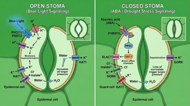 A detailed illustration of plant stomata showing open and closed states with blue light and abscisic acid signaling