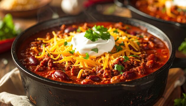 Hearty chili con carne with kidney beans, ground beef, shredded cheese, and a dollop of sour cream served in a rustic bowl