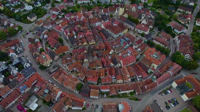 Aerial view around the city Haslach im Kinzigtal in Germany. On cloudy day in spring beside the Black forest