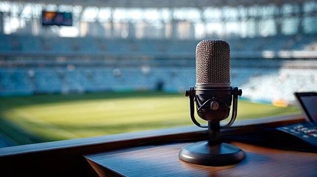 Microphone on desk in stadium broadcasting sports event