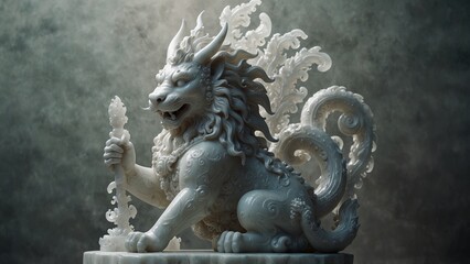 Obraz premium Statue of white dragon on pedestal, 3d render style background - Generative AI