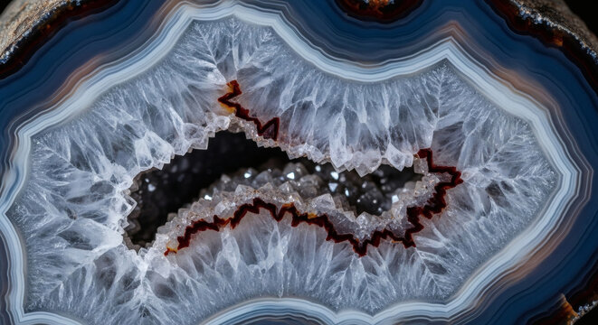 A high-contrast, macro detail shot of a sliced agate geode. The focus is solely on the intricate, organic banding patterns and the sparkling, crystalline druzy center. The image is cropped tightly to 