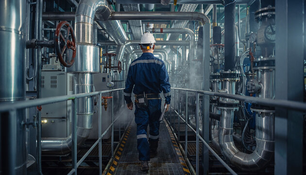 工場内を歩く男性作業員の後ろ姿