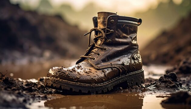 A heavily mud-caked leather work boot with worn soles and frayed laces, resting on wet earth