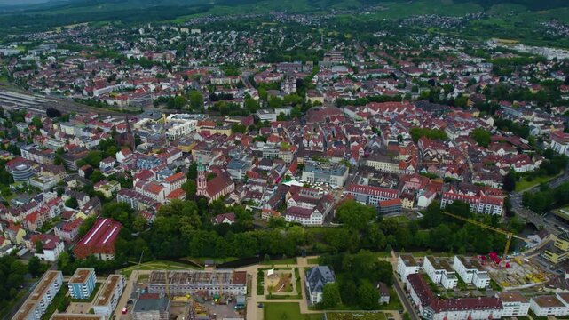 Aerial view of the old town of the city Offenburg in Germany. On a sunny spring day.