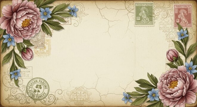 Antique Parchment Scrapbooking Page with Parisian Stamps and Peonies