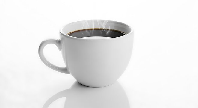 A white ceramic mug filled with hot, dark coffee, emitting wisps of steam, on a reflective surface, perfect for morning beverages