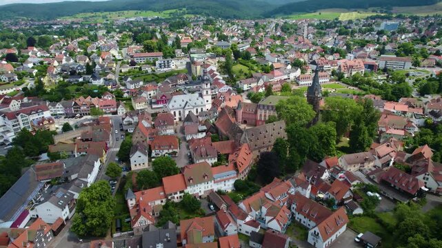 Aerial view of the old town of the city Erbach im Odenwald in Germany. On a sunny spring day.