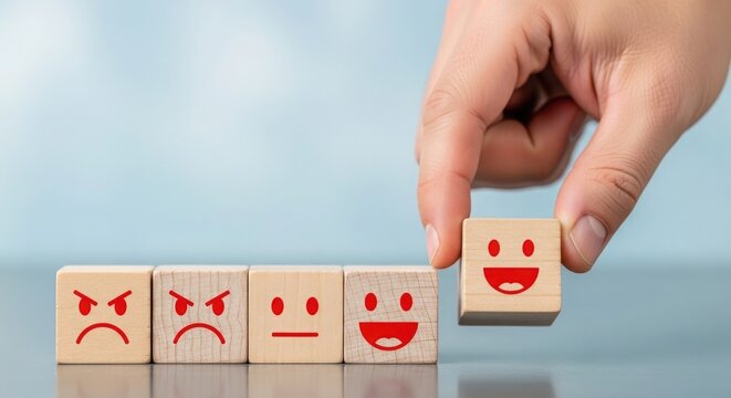 Hand Placing Happy Emotion Block Among Different Mood Faces on Wooden Cubes Showing Emotional Progression