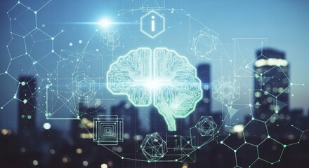 Fototapeta premium a glowing blue brain with a cityscape in the background at night with a network of lines and nodes n