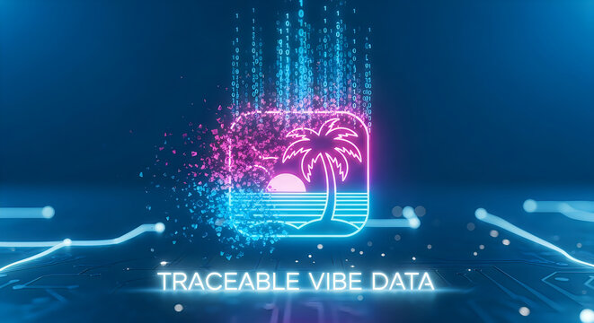 Futuristic Traceable Vibe Data Digital Neon Palm Tree and Binary Code