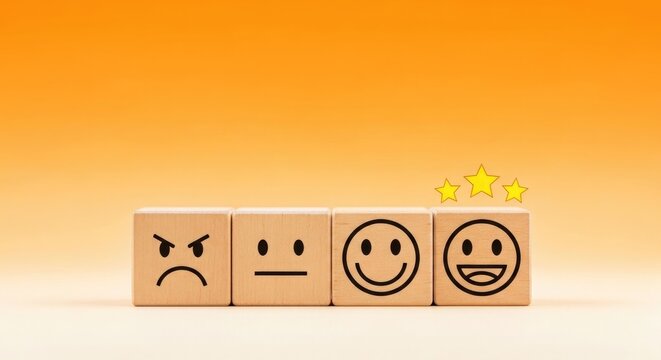 Four Wooden Blocks with Emoticon Faces Showing Different Moods and Emotional Ratings with Stars