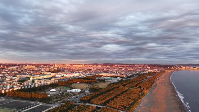 Aerial view of Shonan cityscape and Enoshima at sunset