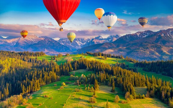 Tatra Mountains, Poland, hot air balloons flying over scenic hills, forests and mountain landscape
