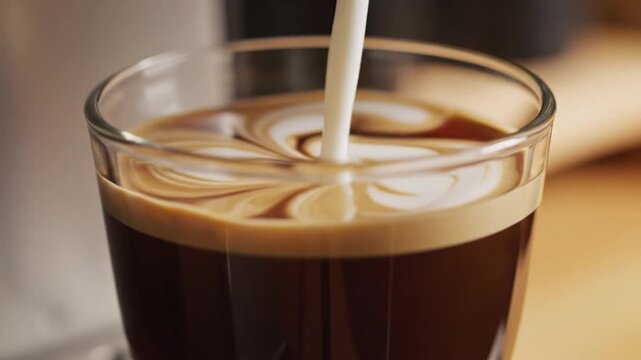 Close-up of Milk Pouring into Coffee to Create Latte Art Pattern