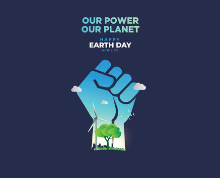 Our power, our planet. Earth day 2026 vector concept background. Ecology concept. Design with globe map drawing and leaves isolated on white background.