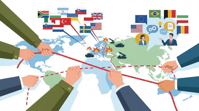 Geopolitical conflict and global diplomacy illustration with world map