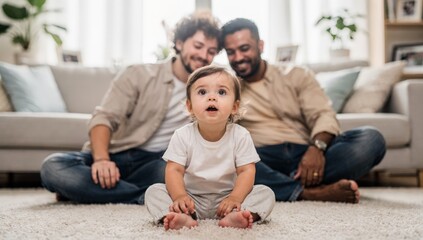 Fototapeta premium A tender moment between two men and their toddler in a cozy living room setting, showcasing love, care, and nurturing.
